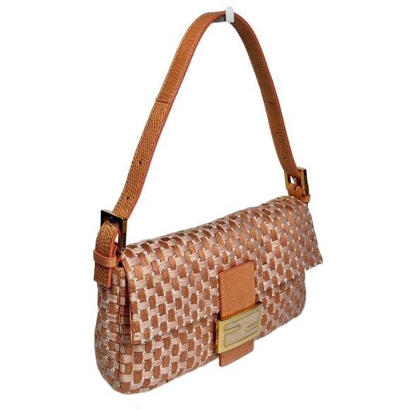 Fendi Vintage Peach Orange Woven Beaded Baguette w Quartz Logo & Crocodile Trim - Picture 3 of 8